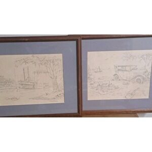 Vintage Americana Framed Prints Set Natchez Steamboat & 1920s Car